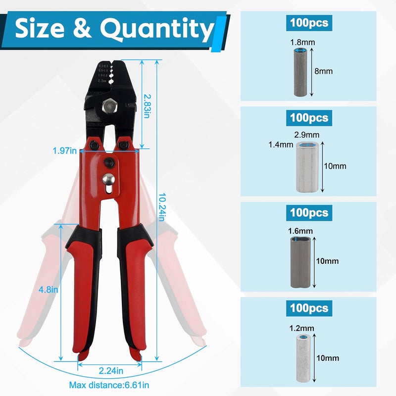 JOGFFDE Fishing Crimping Tool Fishing Wire Line Crimping Rigging Kit Fishing Pliers Wire Rope Leader Crimp Tool with 500pcs Fishing Crimp Sleeves Beads Set Wire Rope Crimping Tool(Red) - Image 2